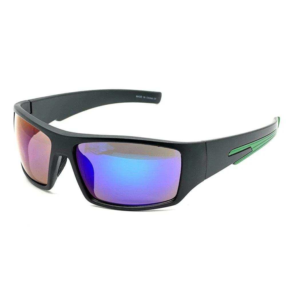Men's Black Sunglasses With Green Accents‎ & Mirrored Blue Lenses Sport Running